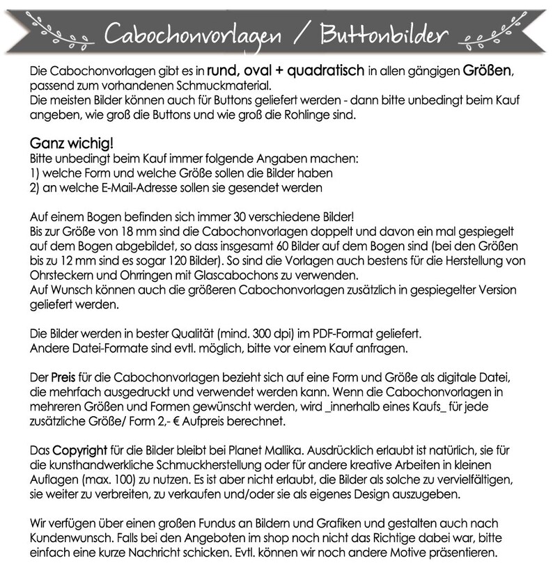 Puede incluir: Una descarga digital de plantillas de cabuj&oacute;n imprimibles para la elaboraci&oacute;n de joyas. Las plantillas est&aacute;n disponibles en formas redondas, ovaladas y cuadradas. El texto en la p&aacute;gina dice "Cabochonvorlagen / Buttonbilder" e incluye informaci&oacute;n sobre los tama&ntilde;os y tipos de cabujones disponibles.