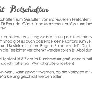 May include: Digital instructions for creating personalized tealight candles. The text mentions using the instructions to make gifts for friends, guests, loved ones, special occasions, and events. The instructions include a template for a small box to package the tealight candle.