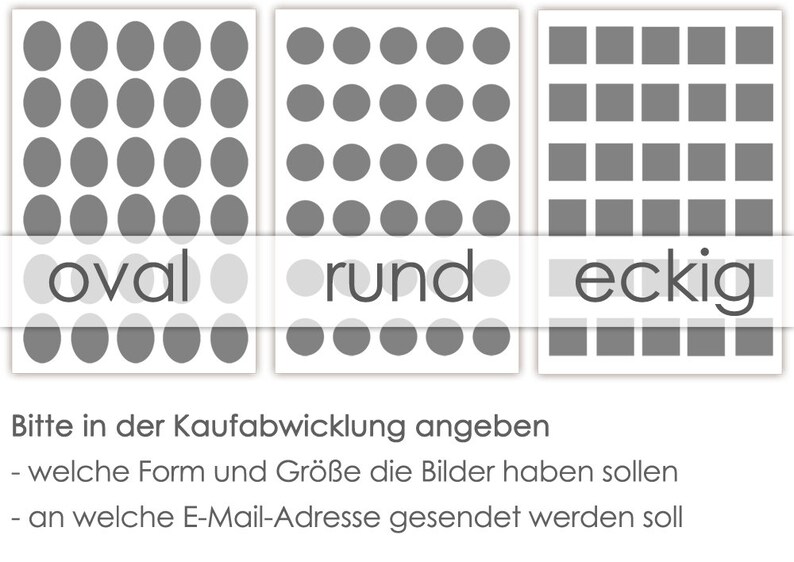 Puede incluir: Una gu&iacute;a visual de diferentes formas, mostrando formas ovaladas, redondas y cuadradas. El texto debajo dice: "Por favor, especifique en el proceso de compra - qu&eacute; forma y tama&ntilde;o deben tener las im&aacute;genes - a qu&eacute; direcci&oacute;n de correo electr&oacute;nico deben enviarse."