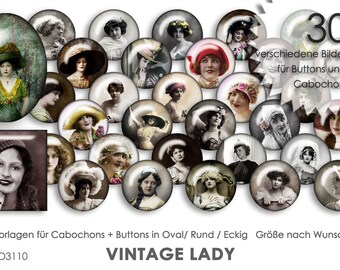 VINTAGE LADY 30 Cabochon Modelli Cabochon modelli digitali Download Button Modelli Immagini per gioielli Pulsanti Cabochon modello Collage