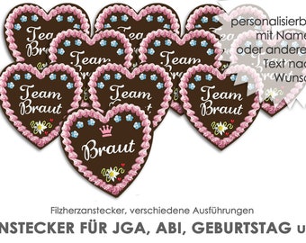 JGA Pin Gingerbread Heart Bachelor Party JGA Gingerbread Heart Personalized Bride Team Buttons Felt Plug Felt Heart with Name