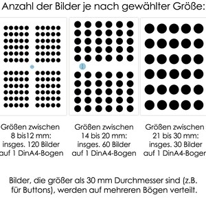 Puede incluir: Un gr&aacute;fico que muestra la cantidad de im&aacute;genes que caben en una hoja de papel A4 est&aacute;ndar en funci&oacute;n del tama&ntilde;o de la imagen. El gr&aacute;fico muestra que 120 im&aacute;genes de 8 a 12 mm pueden caber en una hoja, 60 im&aacute;genes de 14 a 20 mm pueden caber en una hoja y 30 im&aacute;genes de 21 a 30 mm pueden caber en una hoja. El gr&aacute;fico tambi&eacute;n indica que las im&aacute;genes de m&aacute;s de 30 mm de di&aacute;metro, como los botones, deber&aacute;n imprimirse en varias hojas.