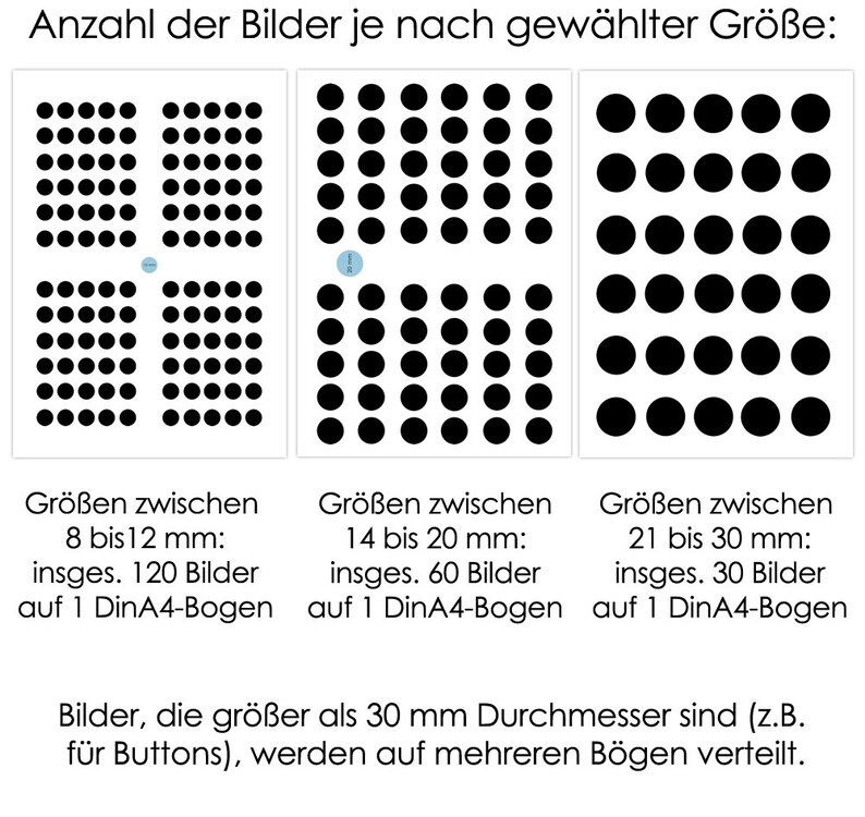 Puede incluir: Un gr&aacute;fico que muestra la cantidad de im&aacute;genes que caben en una hoja de papel A4 est&aacute;ndar en funci&oacute;n del tama&ntilde;o de la imagen. El gr&aacute;fico muestra que 120 im&aacute;genes de 8 a 12 mm pueden caber en una hoja, 60 im&aacute;genes de 14 a 20 mm pueden caber en una hoja y 30 im&aacute;genes de 21 a 30 mm pueden caber en una hoja. El gr&aacute;fico tambi&eacute;n indica que las im&aacute;genes de m&aacute;s de 30 mm de di&aacute;metro, como los botones, deber&aacute;n imprimirse en varias hojas.