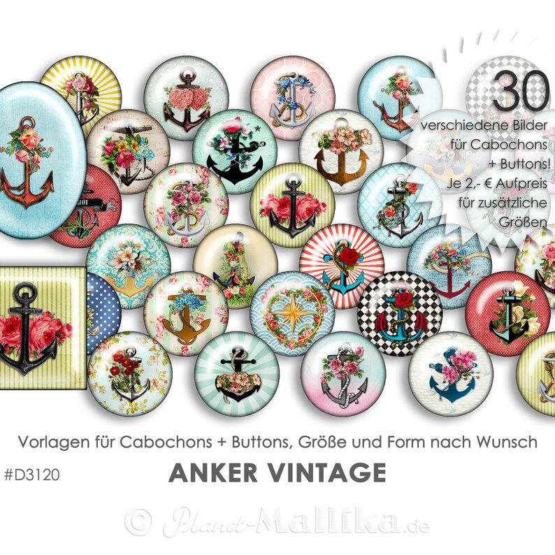 ANKER VINTAGE Cabochonvorlagen digital Download Buttonvorlagen Bilder für Schmuck Cabochon Buttons Cabochon template Collage Bild 1