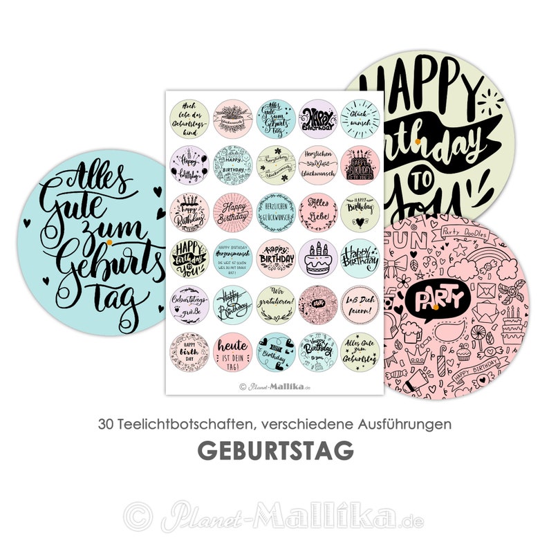 May include: Thirty tealight covers with various birthday designs. The covers are round and feature different colors and patterns, including pink, blue, green, and yellow. Some covers have text, such as "Happy Birthday" and "Alles Gute zum Geburtstag".