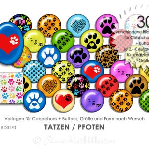 TATZEN 30 digitale Cabochonvorlagen Cabochon Vorlagen digital Download Buttonvorlagen Bilder für Schmuck Buttons Collage Tier Tatze Pfote
