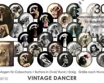 VINTAGE DANCERs 30 Cabochonvorlagen Cabochon Vorlagen digital Download Buttonvorlagen Bilder für Schmuck Buttons Cabochon template Collage