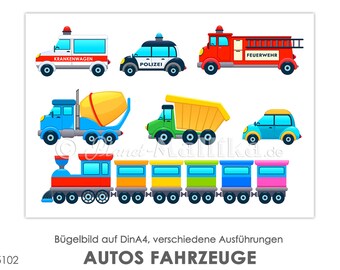 Set Ironing Pictures CAR VEHICLES Ironing Film Press Patches Application Fabric Image T-Shirt Picture Fire Brigade Police Railway Train Truck Car