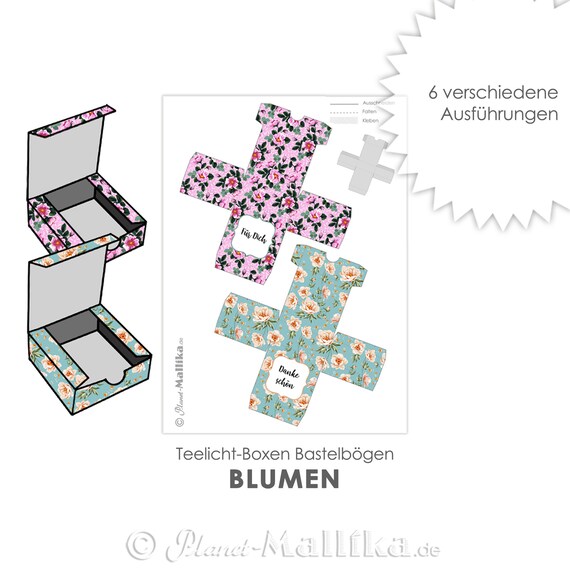 BLUMEN MUSTER 6 verschiedene Schachteln Box digital DIY Teelicht-Botschaften Verpackung Teelicht Selbstausdruck Bastelbogen Geschenk basteln