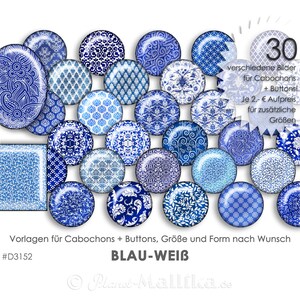 Könnte beinhalten: 30 digitale Bilder von blauen und weißen Mustern für Cabochons und Knöpfe. Die Muster sind filigran und zeigen eine Vielzahl von Designs, darunter florale, geometrische und Damastmuster. Die Bilder sind perfekt, um einzigartige und schöne Schmuckstücke oder Bastelarbeiten zu erstellen.