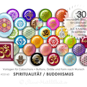 Könnte beinhalten: Eine Sammlung farbenfroher Cabochons und Knöpfe mit spirituellen und buddhistischen Symbolen. Designs umfassen das Om-Symbol, Buddha-Bilder und Chakra-Darstellungen. Das Bild enthält auch den Text "SPIRITUALITÄT / BUDDHISMUS".
