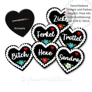 Lebkuchenherz Anstecker BÖSE Junggesellenabschied JGA Herz personalisiert Buttons Filzanstecker Filzherz Name Oktoberfest Button witzig