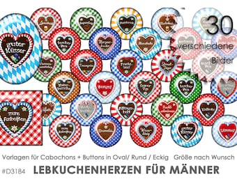 MEN HEARTS Corazones de pan de jengibre 30 plantillas de cabujón digital Plantillas de cabujón descargar plantillas de botones botones de imágenes Collage de Oktoberfest