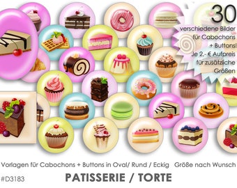 PATISSERIE Torte 30 Cabochonvorlagen Cabochon Vorlagen digital Download Buttonvorlagen Bilder für Schmuck Buttons Cabochon template Collage