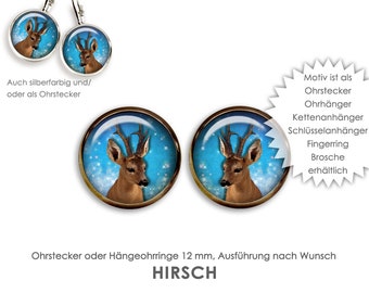 HIRSCH Ohrringe Ohrstecker Hängeohrringe Schmuck Cabochon Ring Fingerring Anhänger Schlüsselanhänger Kettenanhänger Brosche blau