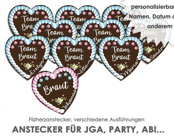 JGA Pin Gingerbread Heart Bachelor Party JGA Heart Personalized Bride Team Buttons Felt Plug Felt Heart with Name Celebration Abitur