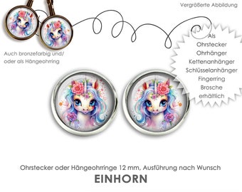 Ohrringe EINHORN Ohrringe Ohrstecker Hängeohrringe Brisuren Ohrschmuck OHRSTECKER Anhänger Ring Brosche bunt Einhorn unicorn