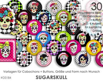 SUGARSKULL TOTENKOPF 30 Cabochonvorlagen Cabochon Vorlagen digital Download Buttonvorlagen Bilder für Schmuck Buttons Collage Totenschädel