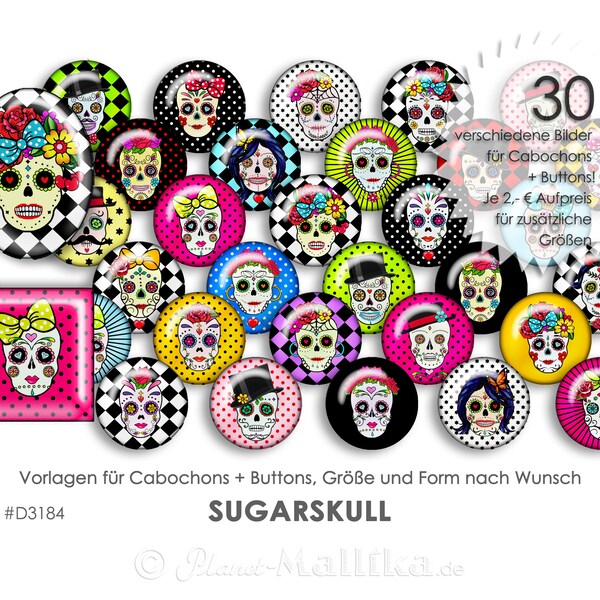 SUGARSKULL TOTENKOPF 30 Cabochonvorlagen Cabochon Vorlagen digital Download Buttonvorlagen Bilder für Schmuck Buttons Collage Totenschädel