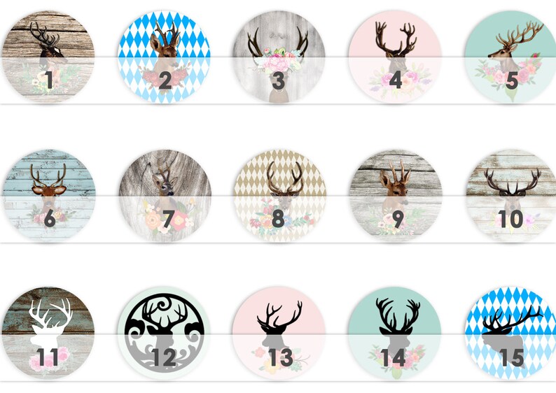 Puede incluir: Quince posavasos redondos de madera con diferentes dise&ntilde;os que presentan siluetas de ciervos, patrones florales y un patr&oacute;n de diamante b&aacute;varo. Los posavasos est&aacute;n numerados del 1 al 15.