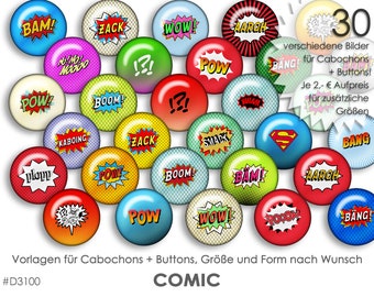 COMIC 30 Cabochonvorlagen Cabochon Vorlagen digital Download Buttonvorlagen Bilder für Schmuck Cabochon Buttons Cabochon template Collage