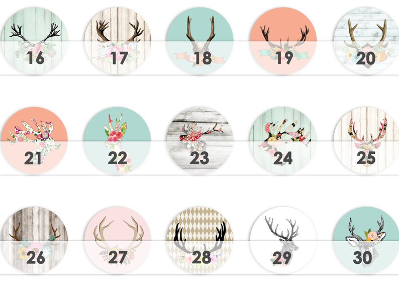 Puede incluir: Treinta pegatinas digitales redondas imprimibles con varios dise&ntilde;os de cabeza de ciervo. Las pegatinas presentan una variedad de fondos, incluyendo veta de madera, patrones florales y dise&ntilde;os geom&eacute;tricos. Las cabezas de ciervo son de varios colores, incluyendo blanco, negro, marr&oacute;n y rosa.