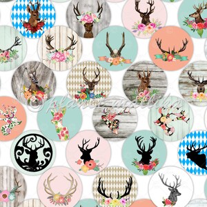 Puede incluir: Un conjunto de 24 dise&ntilde;os de papel digital para scrapbooking, redondos, imprimibles, que presentan diversas siluetas de ciervos con acentos florales. Los dise&ntilde;os son de estilo r&uacute;stico y vintage, con una mezcla de veta de madera, patrones florales y fondos a cuadros.