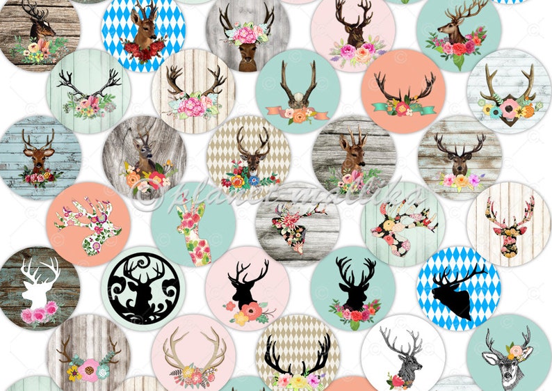 Puede incluir: Un conjunto de 24 dise&ntilde;os de papel digital para scrapbooking, redondos, imprimibles, que presentan diversas siluetas de ciervos con acentos florales. Los dise&ntilde;os son de estilo r&uacute;stico y vintage, con una mezcla de veta de madera, patrones florales y fondos a cuadros.