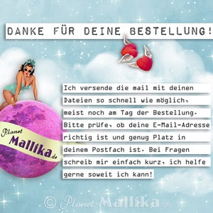 May include: A pink and white illustration of a planet with the text "Planet Mallika.de" on it. A woman in a red swimsuit is standing on the planet. The text "DANKE F&Uuml;R DEINE BESTELLUNG!" is at the top of the image. The text "Ich versende die mail mit deinen Dateien so schnell wie m&ouml;glich, meist noch am Tag der Bestellung. Bitte pr&uuml;fe, ob deine E-Mail-Adresse richtig ist und genug Platz in deinem Postfach ist. Bei Fragen schreib mir einfach kurz, ich helfe gerne soweit ich kann!" is in the middle of the image. The text "Planet-Mallika.de" is at the bottom of the image.
