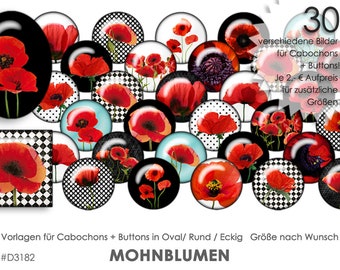 MOHN Mohnblumen - 30 Cabochonvorlagen Cabochon Vorlagen digital Download Buttonvorlagen Bilder für Schmuck Buttons Cabochon template Collage