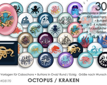 OCTOPUS KRAKEN 30 digitale Cabochonvorlagen Cabochon Vorlagen digital Download Buttonvorlagen Schmuckbilder Cabochons template Collage