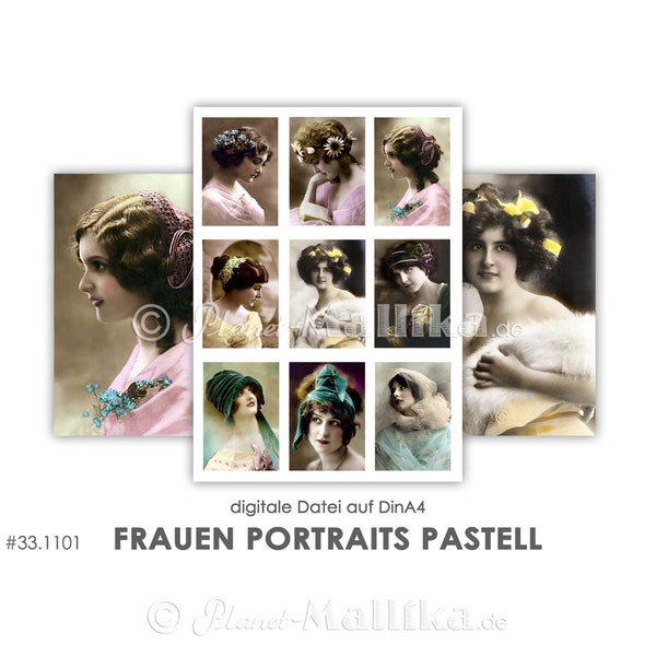 digitale Datei FRAUEN Portraits Bilderbogen Selbstausdruck Download Geschenkanhänger Karten basteln kreativ Material vintage Foto Collage