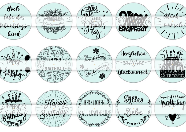May include: Twelve round, light blue and white birthday party favor stickers with black text and illustrations. The stickers feature various birthday greetings in German and English, including "Happy Birthday", "Alles Gute zum Geburtstag", and "Herzlichen Gl&uuml;ckwunsch".