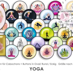 Könnte beinhalten: 30 digitale Bilder von Yoga-Posen in verschiedenen Stilen, perfekt zum Erstellen von Cabochons und Knöpfen. Die Bilder zeigen eine Vielzahl von Posen, darunter Lotus-, Krieger- und Baumpose. Die Bilder sind in verschiedenen Farben, darunter Pink, Blau, Grün und Gelb. Der Text auf dem Bild lautet "30 verschiedene Bilder für Cabochons + Buttons! Je 2,- € Aufpreis für zusätzliche Größen Vorlagen für Cabochons + Buttons in Oval/ Rund / Eckig Größe nach Wunsch #D3160 YOGA"