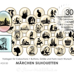 Könnte beinhalten: Dreißig schwarz-weiße Silhouettenbilder von Märchenfiguren und -szenen auf cremefarbenem Hintergrund. Die Bilder eignen sich perfekt für Bastelprojekte wie Cabochons und Knöpfe. Der Text "MÄRCHEN SILHOUETTEN" befindet sich am unteren Rand des Bildes.