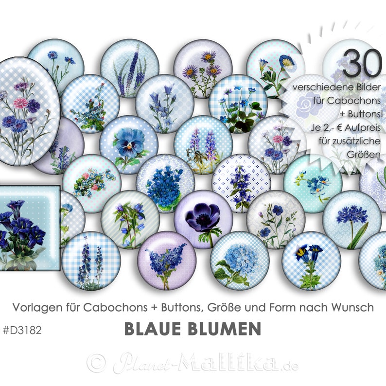 BLAUE BLUME 30 Cabochonvorlagen Cabochon Vorlagen digital Download Buttonvorlagen Bilder für Schmuck Cabochon Buttons template Collage Bild 1