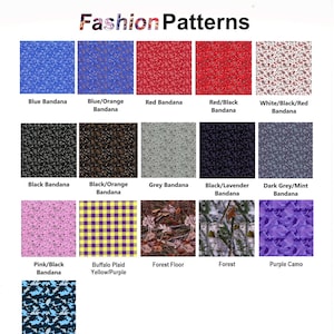 May include: A chart of 12 different bandana patterns, including blue, red, black, grey, pink, yellow, purple, and camo. The patterns are labeled with their names, such as "Blue Bandana", "Red/Black Bandana", and "Forest Floor".