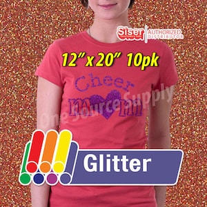 May include: A pack of 10 sheets of 12" x 20" glitter iron-on vinyl in a copper color. The glitter is fine and has a metallic sheen. The vinyl is heat-activated and can be used to create custom designs on fabric.