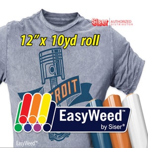 May include: A 12-inch by 10-yard roll of EasyWeed heat transfer vinyl in a variety of colors. The vinyl is shown on a gray t-shirt with a graphic of a piston and the word "Detroit". The text "EasyWeed by Siser" is also visible on the roll.