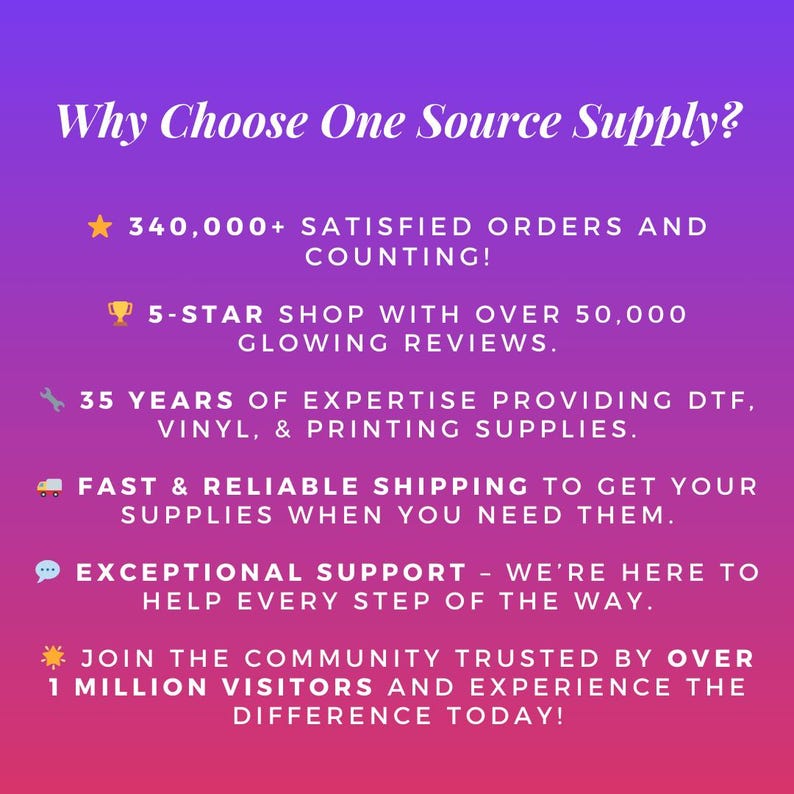 May include: A graphic with a purple and pink gradient background and white text. The text reads "Why Choose One Source Supply?" and lists reasons to choose the company, including over 340,000 satisfied orders, 5-star reviews, 35 years of expertise, fast and reliable shipping, and exceptional support.