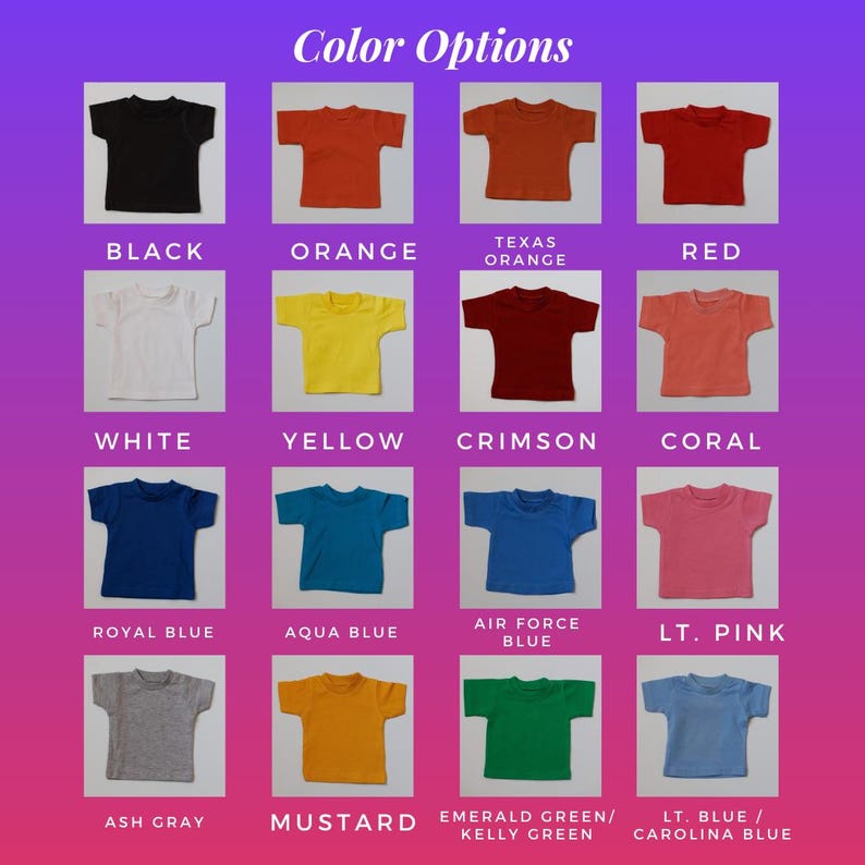Visual color options for mini T-shirts featuring actual product photos in 16 vibrant shades. Ideal for customizing doll outfits and decor.