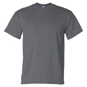 May include: A plain heather grey t-shirt with short sleeves.