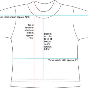 Detailed size chart for mini T-shirts, including measurements for arms, waist, and overall length. Perfect for precise crafting and personalization.
