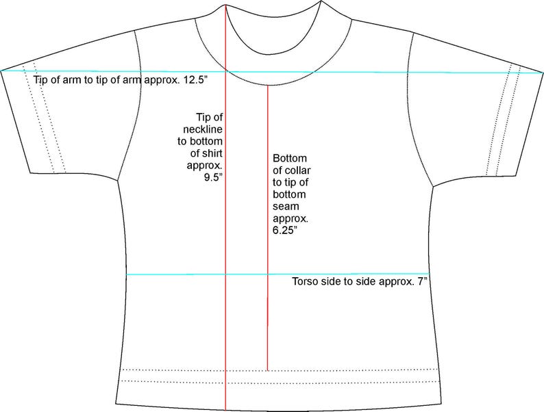 Detailed size chart for mini T-shirts, including measurements for arms, waist, and overall length. Perfect for precise crafting and personalization.