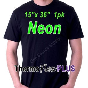 May include: A black t-shirt with a green neon graphic that says "Neon" and the text "15" x 36" 1pk" above it. The text "ThermoFlex PLUS" is printed on the bottom of the shirt.