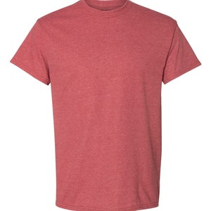 May include: A heather red short-sleeved t-shirt.