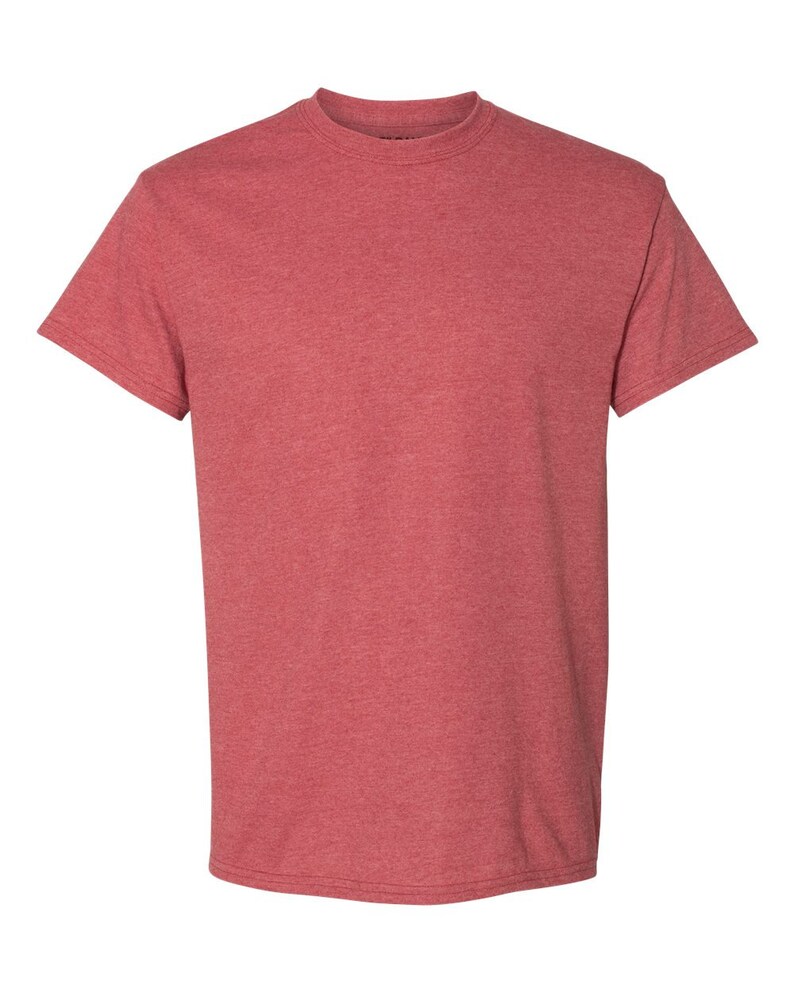 May include: A heather red short-sleeved t-shirt.
