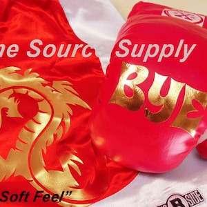 May include: Red boxing gloves with gold lettering that says "BYE" and a gold dragon on a red background with the text "One Source Supply" and "New Soft Feel".