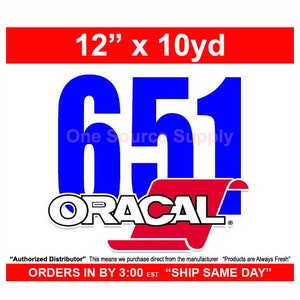May include: A blue and red roll of 651 Oracal vinyl, 12 inches wide and 10 yards long. The text "One Source Supply" is printed in white on the roll. The text "Authorized Distributor" is printed in black at the bottom of the image.