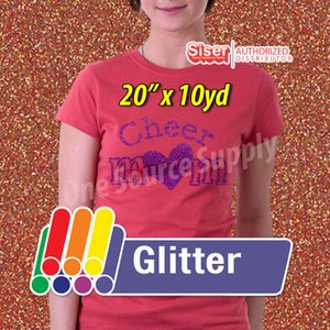 May include: A red t-shirt with the text "Cheer Mom" in purple glitter, with a heart design. The shirt is 20 inches wide and 10 yards long. The word "Glitter" is displayed on a blue banner.